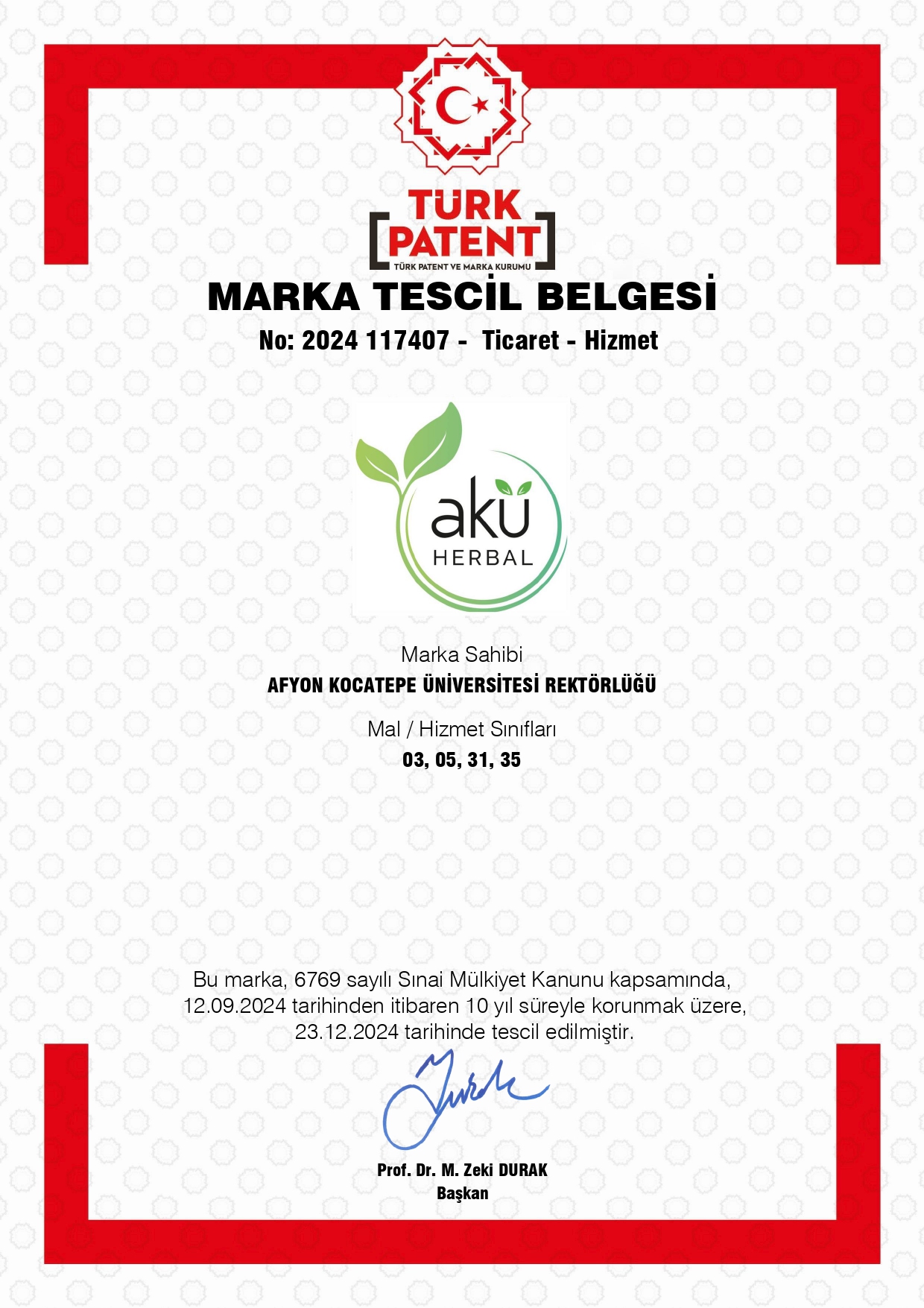 “AKÜ Herbal” Markası, AKÜ Adına Tescillendi